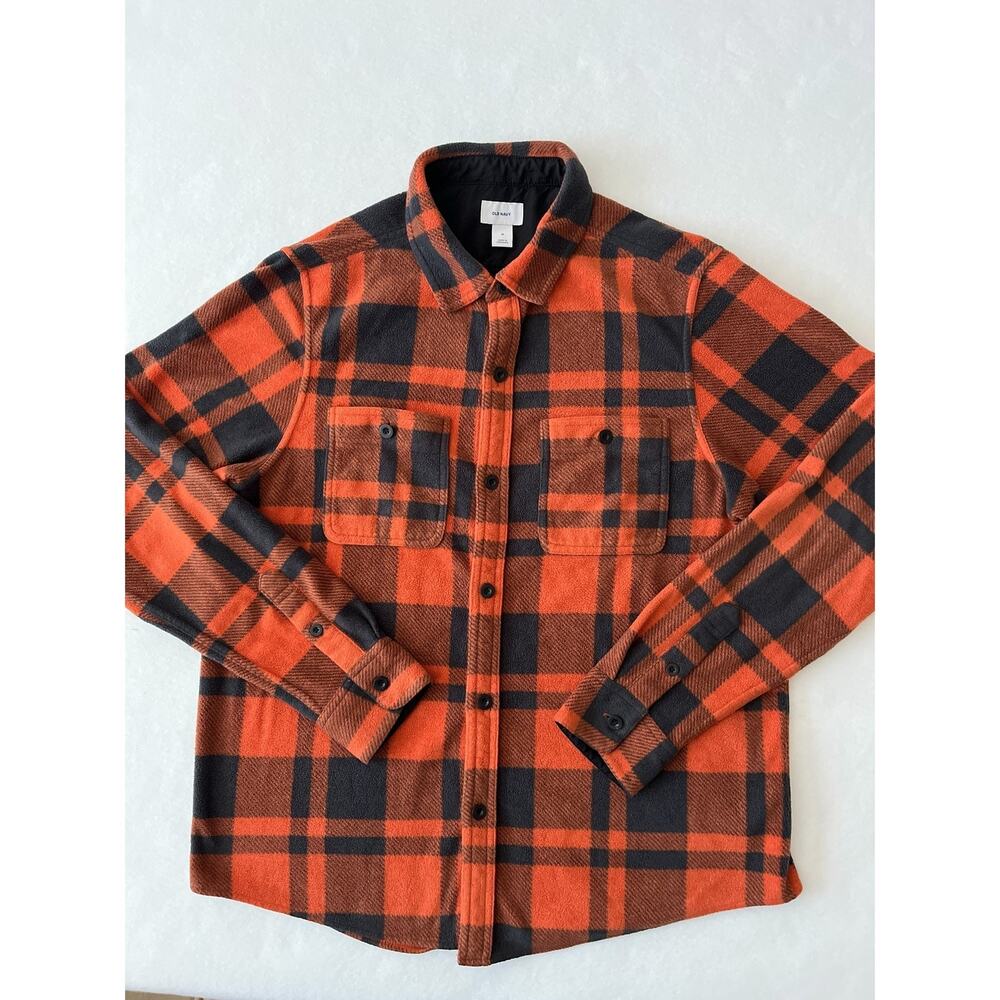 Old Navy Jacket Men M Orange Plaid Fleece Lined Button Front Outdoor Casual